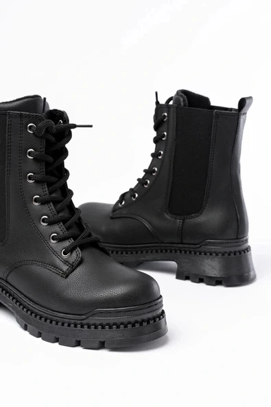 2051-298 Siyah Luna Düz Topuklu Bağcıklı Lastikli Günlük Kadın Bot - Resim 5