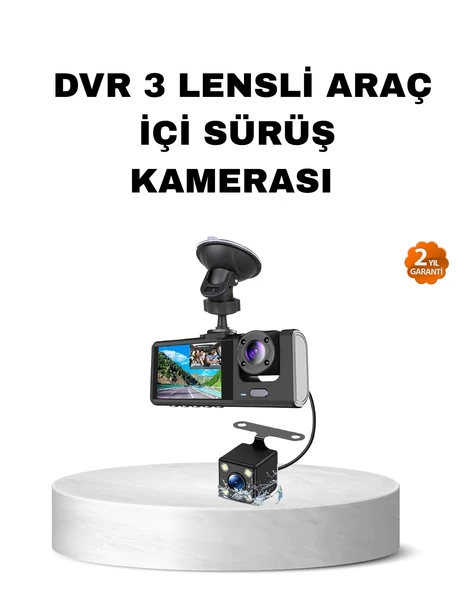 Üç Kameralı Araç İçi Kayıt Sistemi Full HD Gece Görüşlü ve G-Sensör Destekli ürün görseli 1