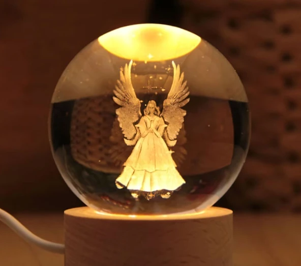 Dekoratif Kanatlı Melek Tasarımlı Ahşap Altlıklı Işıklı Cam Küre Cam 6 Cm ürün görseli 1