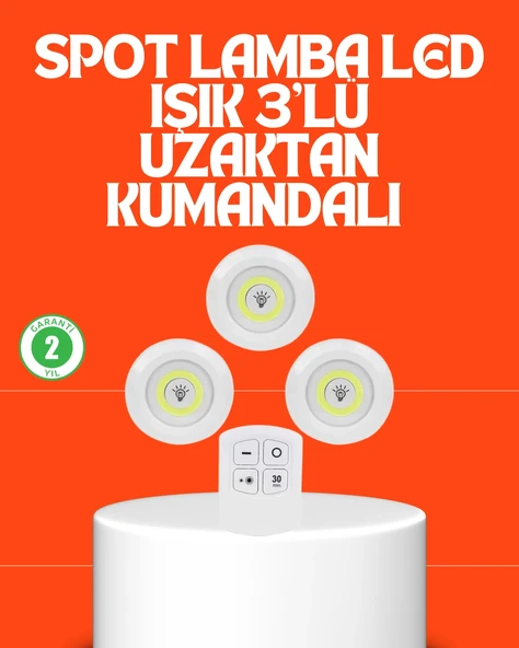Kablosuz 3 Lü Spot Led Lamba Seti Uzaktan Kumandalı Enerji Tasarruflu Aydınlatma ürün görseli 1