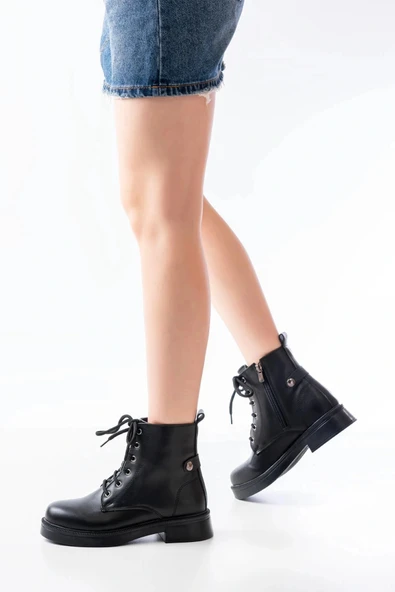 02-2003 Siyah Bağcıklı Fermuarlı Günlük Kadın Bot - Resim 2