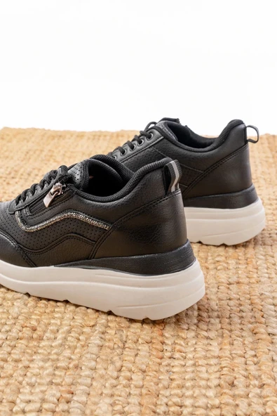 F-207 Siyah Bağcıklı Fermuarlı Taş Aksesuarlı Mevsimlik Spor Ayakkabı - Resim 5