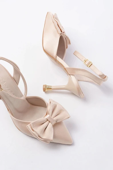 İNF-4505 Bej Saten Günlük Arkası Açık Kurdele detaylı Topuklu Bayan Ayakkabı - Resim 4