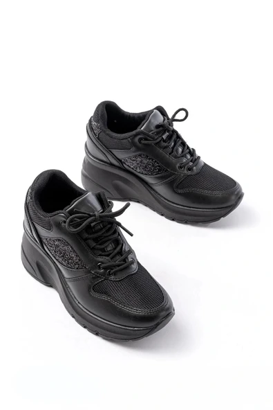 F-185 Siyah Günlük Bağcıklı Taş Aksesuarlı Yazlık Spor Ayakkabı - Resim 3