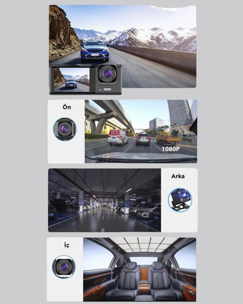 Üç Kameralı Araç Kamerası | Full HD 1080P Ön + HD İç/Arka - Resim 5
