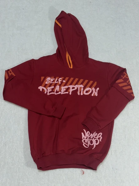 14 yaş erkek çocuk kapşonlu baskılı kol ek detaylı sweatshirt bordo ürün görseli