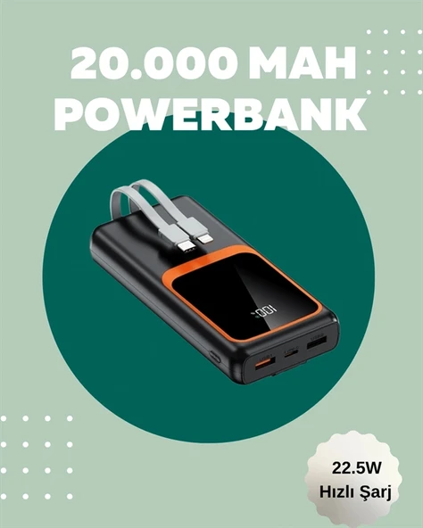 Dijital Ekranlı 20.000 mAh Powerbank | 22.5W Hızlı Şarj + Çoklu Bağlantı Seçeneği - Resim 2