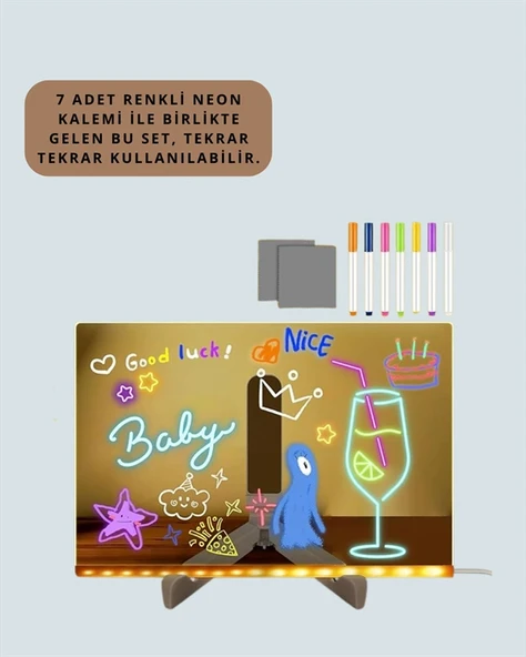 Dekoratif LED Yazı Tahtası – Silinebilir, Neon Kalemli, Planlama ve Hatırlatma İçin İdeal - Resim 3