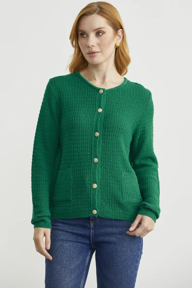 Dore Düğme Detaylı Yünlü Triko Hıırka - Yeşil - Resim 2