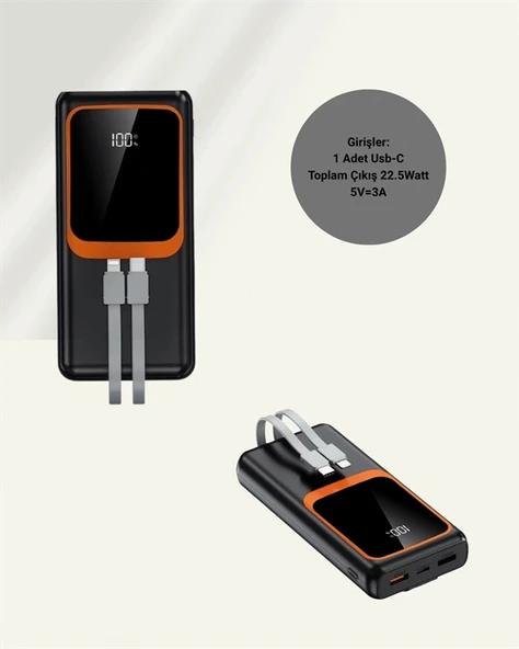 Powerbank 20000 mAh | 22.5W Hızlı Şarj, Dahili Kablolu, LCD Ekranlı Şarj Cihazı - Resim 5