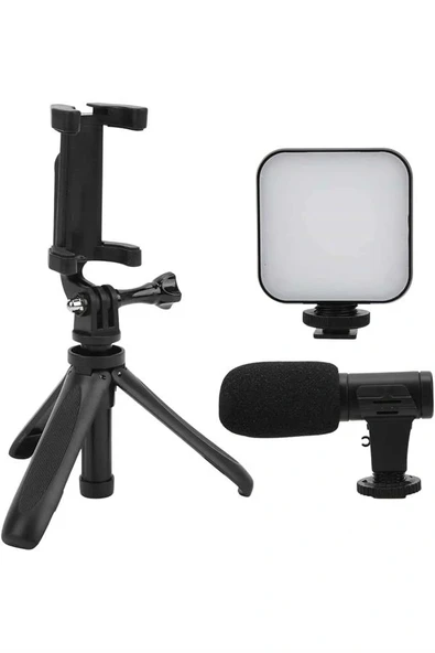 Akıllı Telefon Vlog Kiti Tripod Mini Mikrofonlu Telefon Tutucu - Resim 3