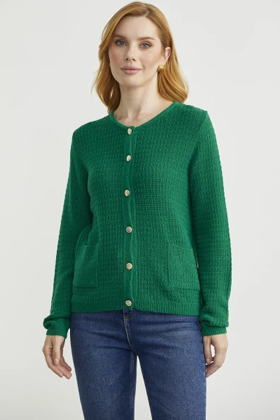 Dore Düğme Detaylı Yünlü Triko Hıırka - Yeşil - Resim 3