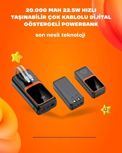Powerbank 20000 mAh | 22.5W Hızlı Şarj, Dahili Kablolu, LCD Ekranlı Şarj Cihazı - Resim 2