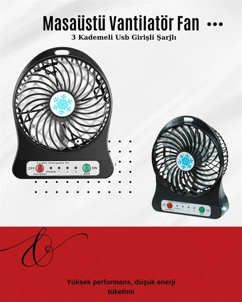 USB Girişli Taşınabilir Masaüstü Mini Fan – 3 Kademeli Hız, Şarjlı, Işıklı, Sessiz Çalışma - Resim 2