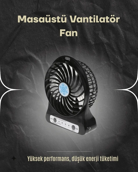 Şarjlı USB Fan – Masaüstü Mini Vantilatör, Taşınabilir, Işıklı, 3 Kademeli, Sessiz - Resim 2