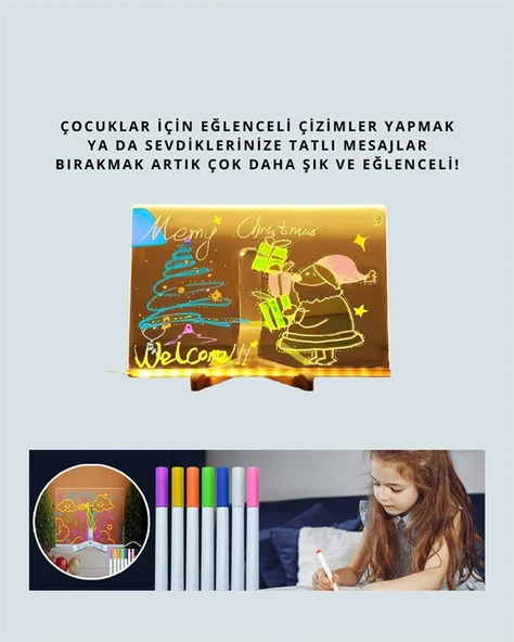 LED Işıklı Şeffaf Yazı Tahtası – Neon Etkili Akrilik Pano, Silinebilir, 7 Renkli Kalemli, 30x20 cm - Resim 4