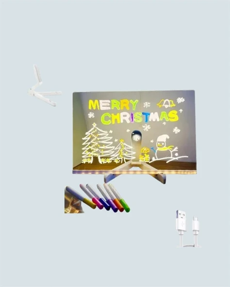 LED Işıklı Şeffaf Yazı Tahtası – Neon Etkili Akrilik Pano, Silinebilir, 7 Renkli Kalemli, 30x20 cm - Resim 2