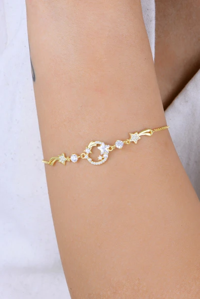 Gümüş altın yaldızlı zirkon taşlı yıldız kümesi kadın bileklik SGTL12921GOLD - Resim 3