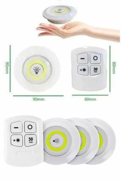 Yapışkanlı 3'lü Spot Led Işık Lamba Montajsız Pilli Uzaktan Kumandalı - Resim 5