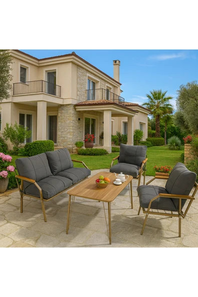 UFUK HOME Linda Cappuccino 211 Masalı Antrasit Fermuarlı Bahçe Balkon Takımı,Cafe-Metal Kanepe Koltuk Takımı ürün görseli