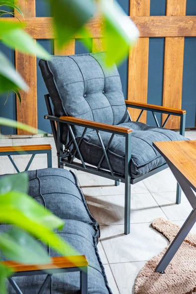 UFUK HOME Miray 211 Masalı Antrasit Fermuarlı Bahçe Balkon Takımı, Salon, Teras- Berjer Düğmeli Metal Çay Seti - Resim 4