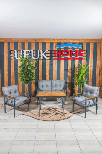 UFUK HOME Miray 211 Masalı Gri Fermuarlı Bahçe Balkon Takımı, Salon, Teras- Berjer Düğmeli Metal Çay Seti ürün görseli