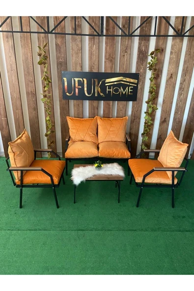 UFUK HOME Linda 211 Sehpalı Turuncu Fermuarlı Bahçe Balkon Takımı, Cafe, Salon - Metal Kanepe Koltuk Takımı - Resim 2
