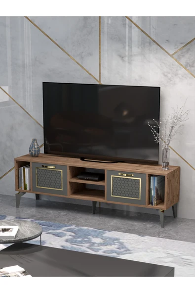 Tv Sehpası Tv Ünitesi Vera Beyaz Gold Çizgili 5052 ürün görseli