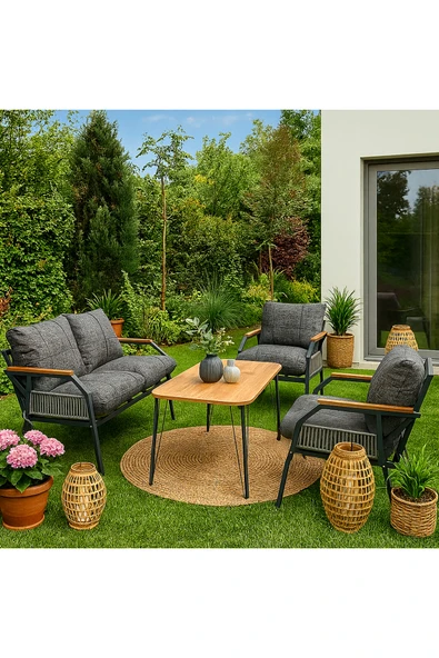 UFUK HOME Linda 211 Masalı Örgülü Gri Fermuarlı Bahçe Balkon Takımı, Cafe, Salon - Metal Kanepe Koltuk Takımı ürün görseli