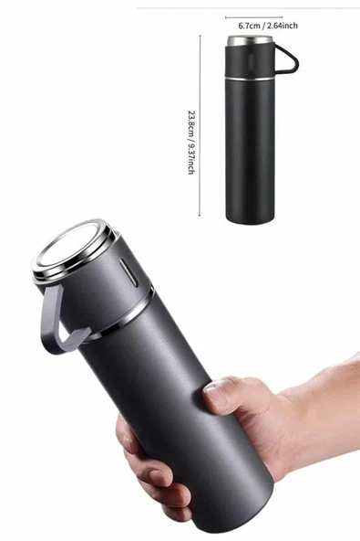 Termos Paslanmaz Çelik Termos Siyah Renk 3 Bardaklı Termos Seti - Resim 5