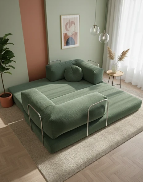 UFUK HOME Liona 100x200 Yatak Olabilen Kanepe Modüler Çok Fonksiyonlu Aktivite Koltuk Yeşil - Resim 4