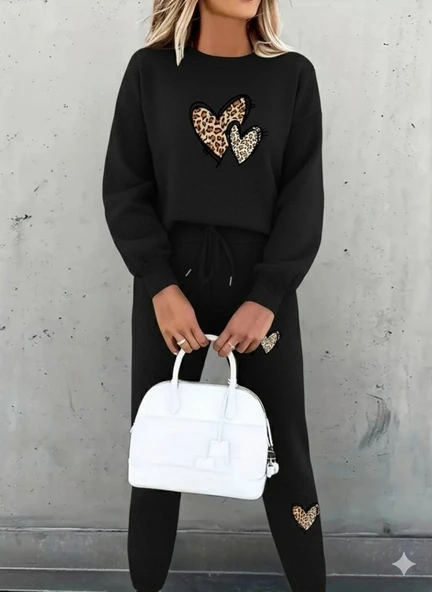 Kadın Uzun Kollu Bisiklet Yaka Kalp Desenli şardonlu üç Iplik Bluz Ve Pantolon Ikili Takım - Resim 2