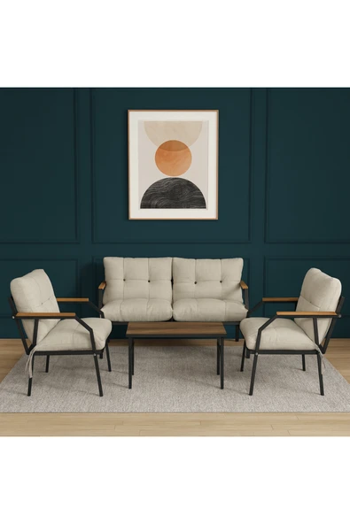 UFUK HOME Milas 211 Sehpalı Krem Fermuarlı Bahçe Balkon Takımı, Cafe, Salon - Metal Kanepe Koltuk Takımı ürün görseli