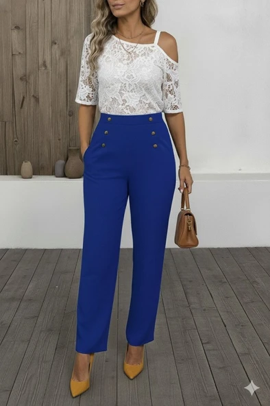 Kadın Düğme Detay Bol Paça Ithal Krep Pantolon ürün görseli