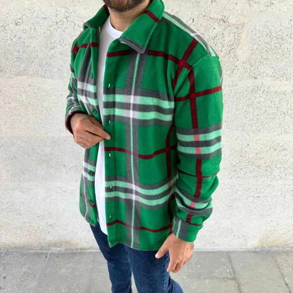 Erkek Ekose Desenli Düğmeli Polar Yakalı Uzun Kollu Gömlek Oversize Rahat Kalıp - Yeşil - Resim 4