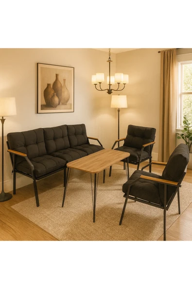 UFUK HOME Milas 311 Masalı Siyah Fermuarlı Bahçe Balkon Takımı, Cafe, Salon - Metal Kanepe Koltuk Takımı ürün görseli