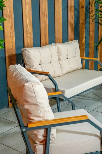 UFUK HOME Zeyd 211 Krem Fermuarlı Bahçe Balkon Takımı, Salon - Metal Kanepe Koltuk Takımı - Resim 7