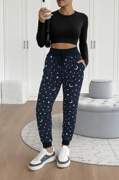 Kadın Yüksek Bel Bağcıklı Desenli Iki Iplik Pantolon - Resim 4