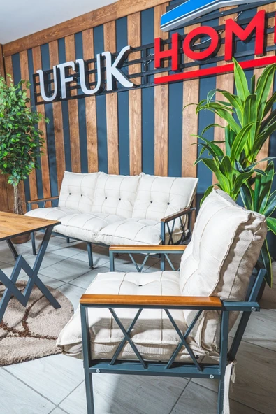 UFUK HOME Miray 311 Masalı Krem Fermuarlı Bahçe Balkon Takımı, Salon, Teras- Berjer Düğmeli Metal Çay Seti - Resim 2