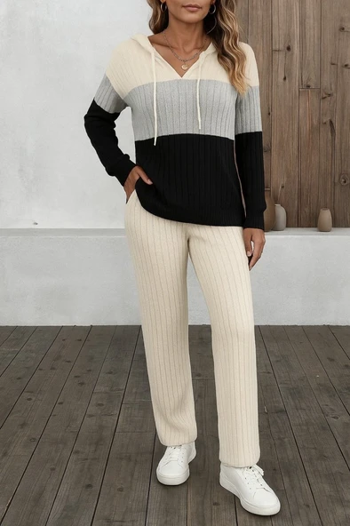 Kadın Uzun Kollu Kapşonlu Bağcıklı Blok Renkli şardonlu Kaşkorse Bluz Ve Pantolon Ikili Takım - Resim 3