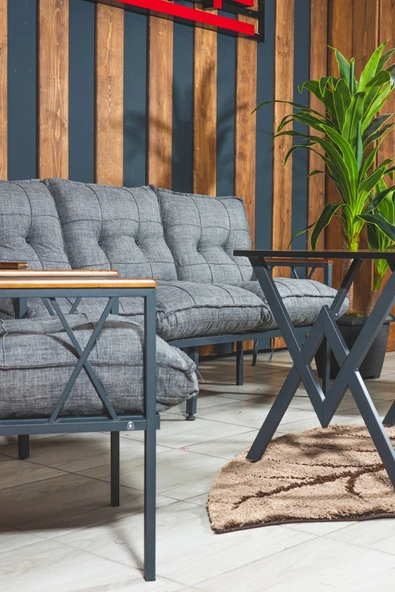 UFUK HOME Miray 311 Masalı Gri Fermuarlı Bahçe Balkon Takımı, Salon, Teras- Berjer Düğmeli Metal Çay Seti - Resim 5