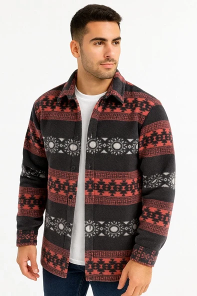 Erkek Desenli Polar Gömlek – Etnik Şerit Desen Yakalı, Uzun Kollu, Düğmeli, Oversize Rahat Kalıp - Füme ürün görseli
