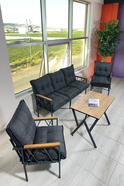 UFUK HOME Miray 311 Masalı Antrasit Fermuarlı Bahçe Balkon Takımı, Salon, Teras- Berjer Düğmeli Metal Çay Seti ürün görseli