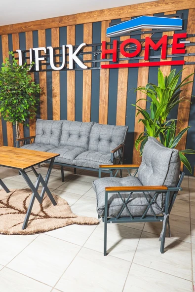 UFUK HOME Miray 311 Masalı Gri Fermuarlı Bahçe Balkon Takımı, Salon, Teras- Berjer Düğmeli Metal Çay Seti - Resim 4