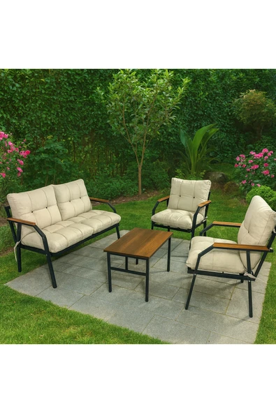 UFUK HOME Milas 211 Sehpalı Krem Fermuarlı Bahçe Balkon Takımı, Cafe, Salon - Metal Kanepe Koltuk Takımı - Resim 2