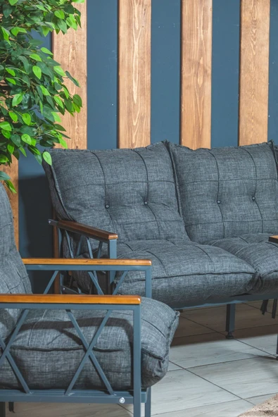 UFUK HOME Miray 311 Masalı Antrasit Fermuarlı Bahçe Balkon Takımı, Salon, Teras- Berjer Düğmeli Metal Çay Seti - Resim 3