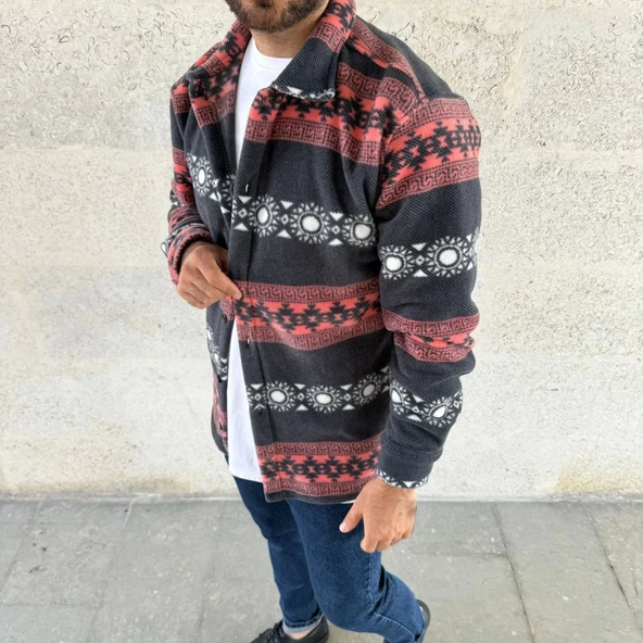 Erkek Desenli Polar Gömlek – Etnik Şerit Desen Yakalı, Uzun Kollu, Düğmeli, Oversize Rahat Kalıp - Füme - Resim 3