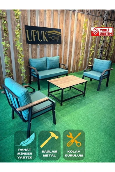 UFUK HOME Kavacık 211 Sehpalı Su Yeşili Fermuarlı Bahçe Balkon Takımı, Salon, Teras- Metal Çay Seti ürün görseli