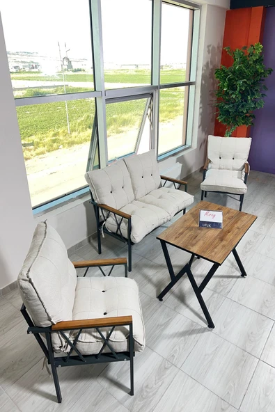 UFUK HOME Miray 211 Masalı Krem Fermuarlı Bahçe Balkon Takımı, Salon, Teras- Berjer Düğmeli Metal Çay Seti ürün görseli