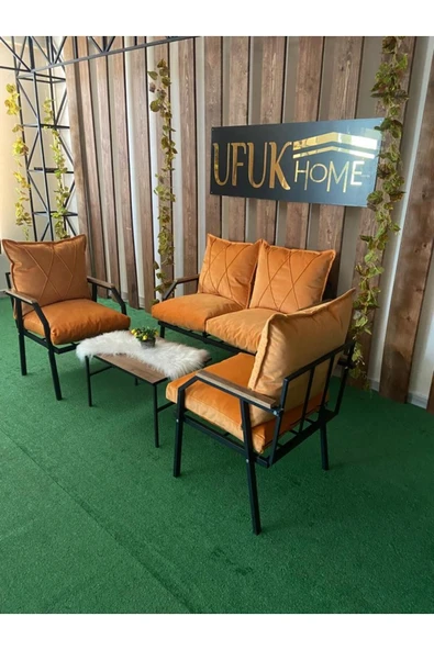 UFUK HOME Linda 211 Sehpalı Turuncu Fermuarlı Bahçe Balkon Takımı, Cafe, Salon - Metal Kanepe Koltuk Takımı ürün görseli